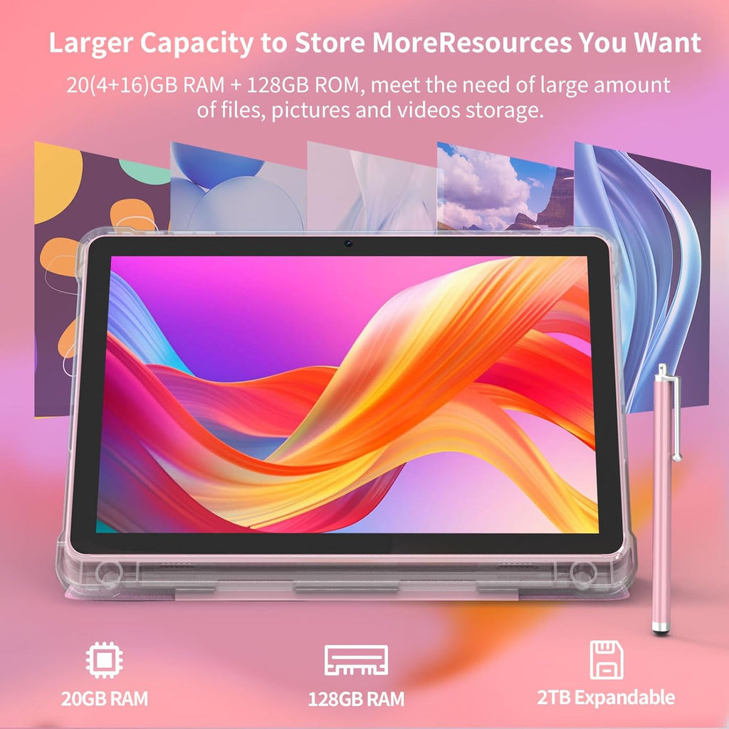 Tablette Android 15 de 10 pouces. 20 Go de RAM 128 Go de ROM, extensible à 2 To. Tablette PC avec processeur Quad-Core de 2,0 GHz, étui et stylet. Wi-Fi 6 5G. BT5.0. Batterie de 6000 mAh. Double appareil photo. Widevine L1. GMS. Rose.