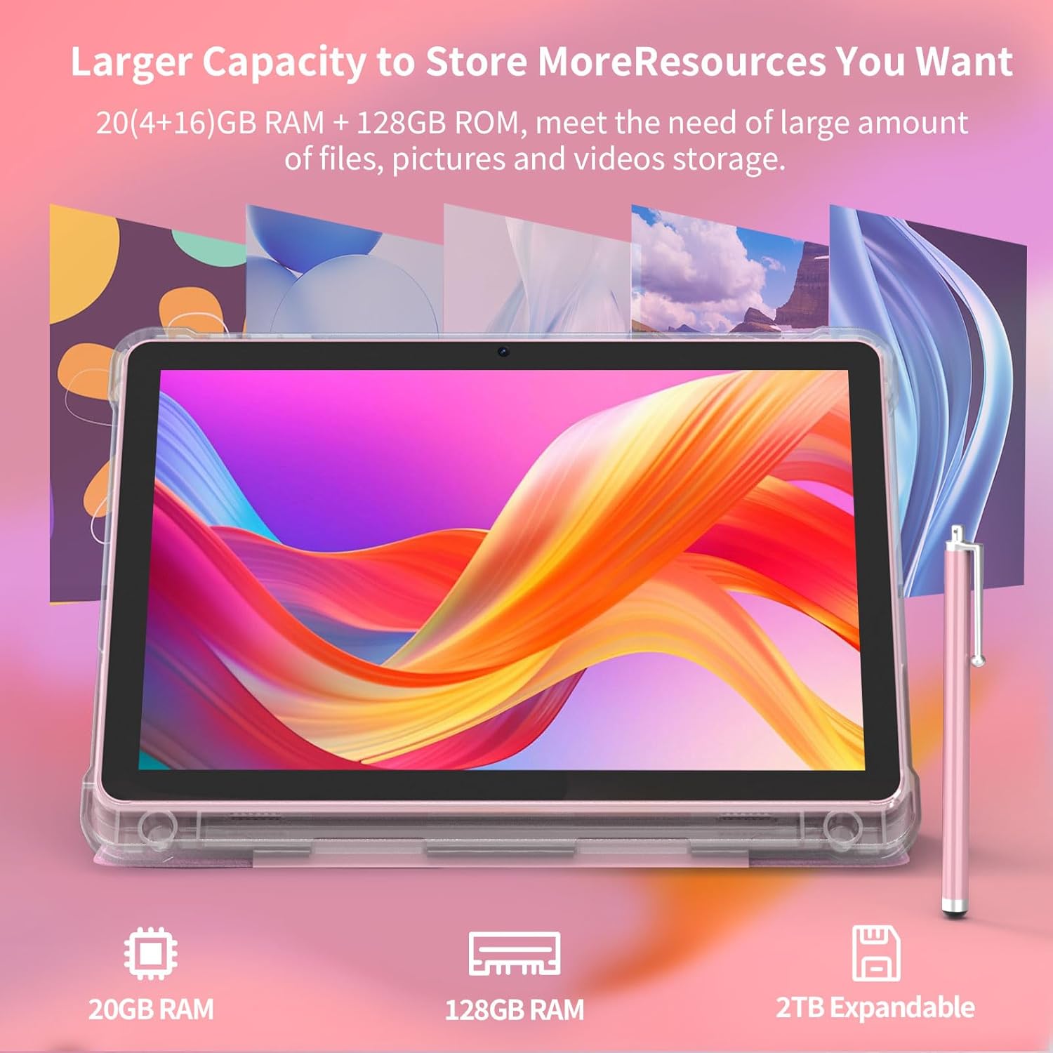 Android 15 Tablet 10 inch Tablets. 20GB RAM 128GB ROM 2TB Expand. 2.0Ghz CPU Quad-Core Processor Tablet PC with Case and Stylus. 5G WiFi6. BT5.0. 6000mAh Battery. Dual Camera. Widevine L1. GMS. Pink