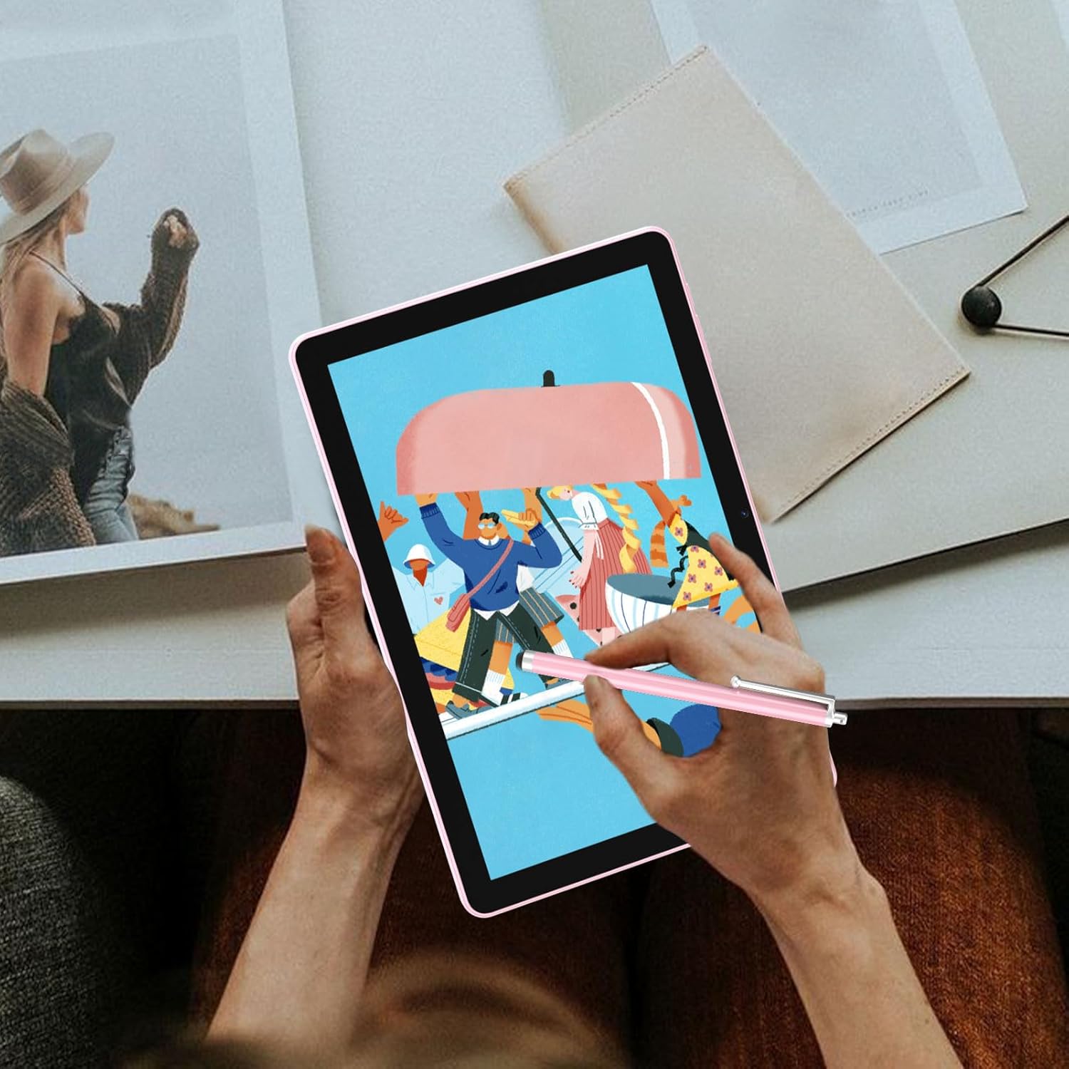 Tablette Android 15 de 10 pouces. 20 Go de RAM 128 Go de ROM, extensible à 2 To. Tablette PC avec processeur Quad-Core de 2,0 GHz, étui et stylet. Wi-Fi 6 5G. BT5.0. Batterie de 6000 mAh. Double appareil photo. Widevine L1. GMS. Rose.