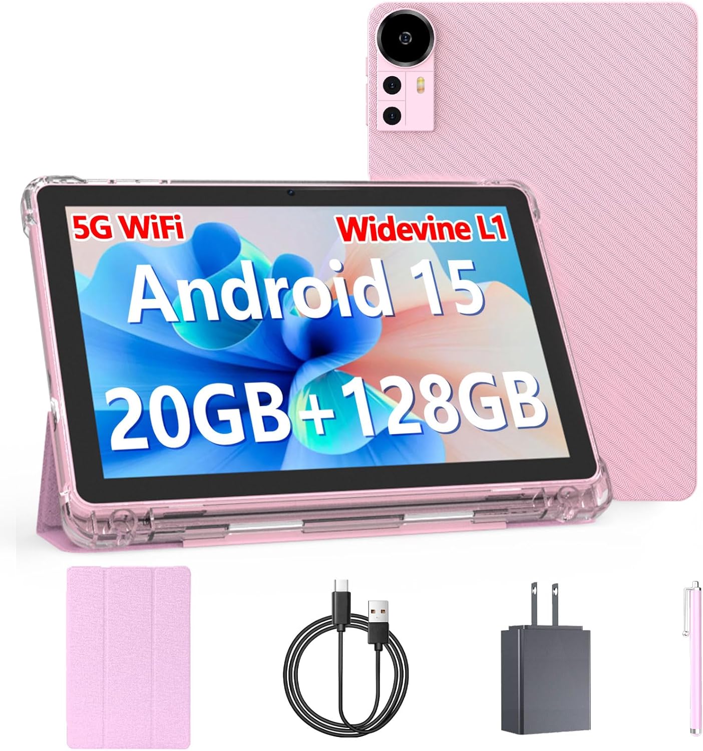 Android 15 Tablet 10 inch Tablets. 20GB RAM 128GB ROM 2TB Expand. 2.0Ghz CPU Quad-Core Processor Tablet PC with Case and Stylus. 5G WiFi6. BT5.0. 6000mAh Battery. Dual Camera. Widevine L1. GMS. Pink
