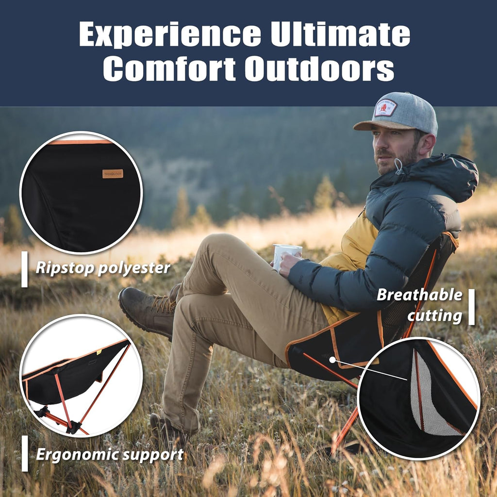 TREKOLOGY YIZI GO Camping Chair for Adult – Compact. Foldable. Lightweight 0.9 kg. 136 kg Capacity. Durable Aluminum. Quick Setup. Ideal for Backpacking. Beach. and Outdoor Adventures (Black)