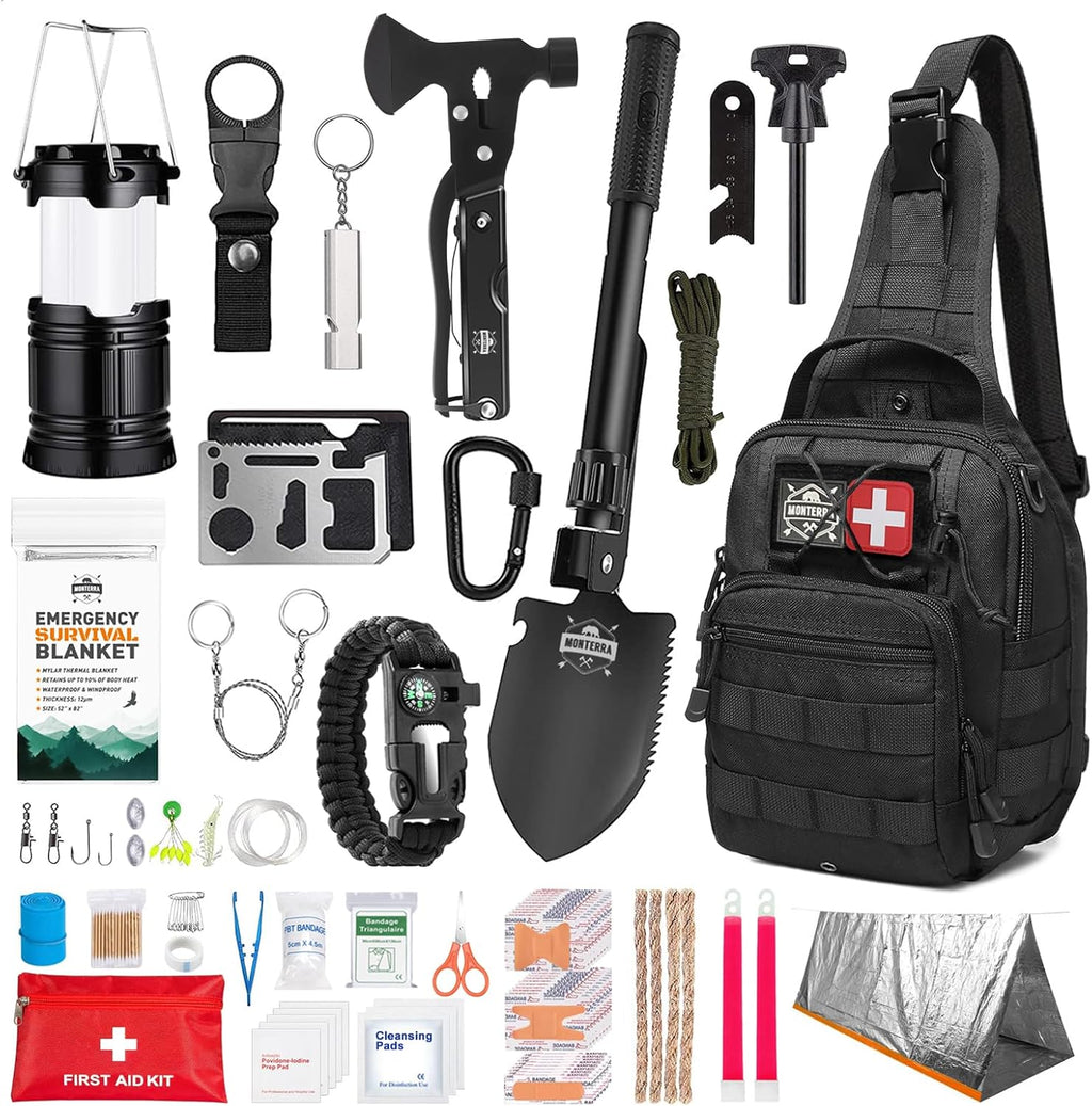 Monterra Survival Kit. First Aid. 214 Pcs. Emergency Gear and Supplies. Bug Out Go Bag. EDC. Molle System Backpack. Hiking. Camping. Outdoor Accessories. Gifts for Men