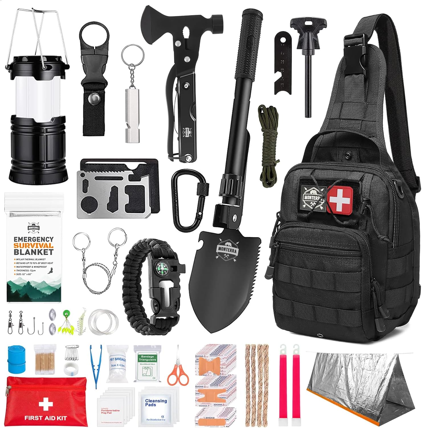 Monterra Survival Kit. First Aid. 214 Pcs. Emergency Gear and Supplies. Bug Out Go Bag. EDC. Molle System Backpack. Hiking. Camping. Outdoor Accessories. Gifts for Men