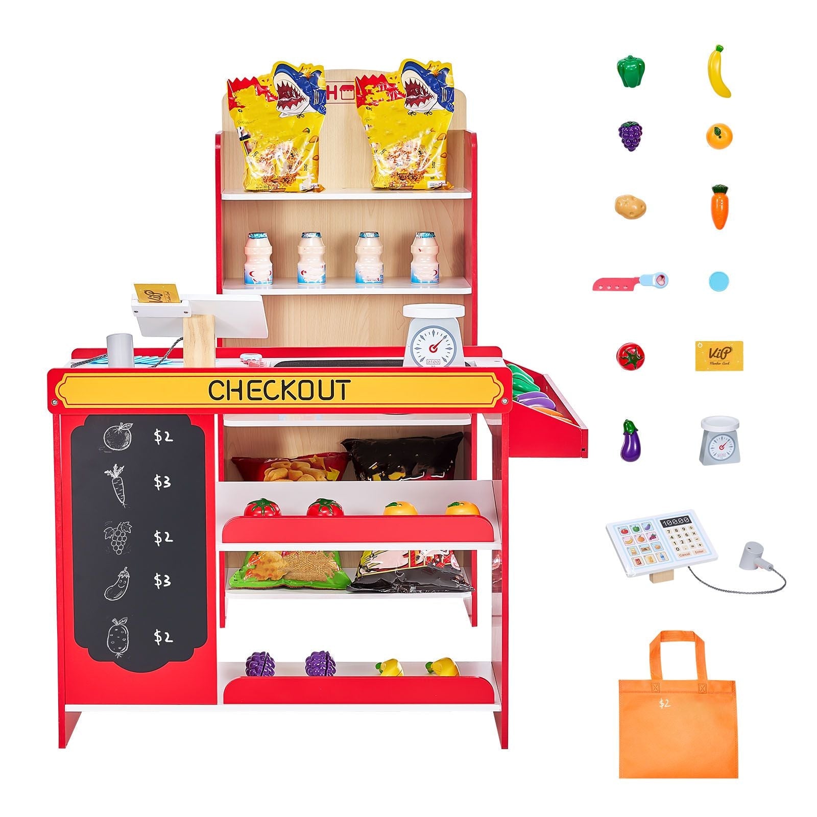 Kids Wooden Grocery Store Playset — Conveyor Belt, Scanner, Cash Register & 35 Accessories