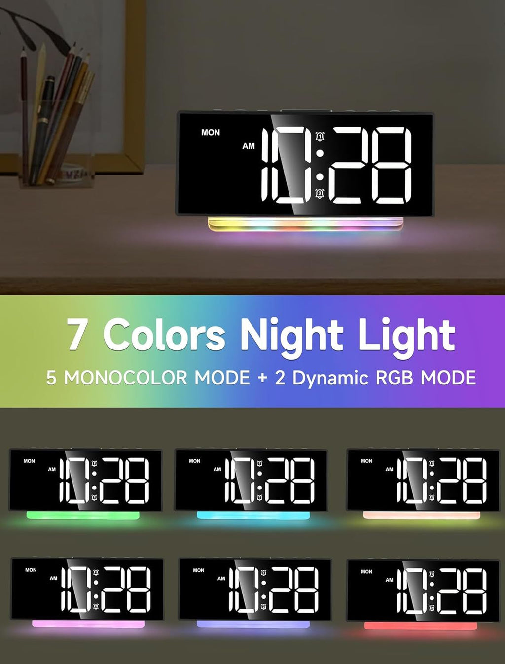 Réveil extra fort pour gros dormeurs adultes, adolescents, enfants, horloge arc-en-ciel pour chambres à coucher, petite horloge numérique de chevet avec grand écran, veilleuse 7 couleurs, 12/24h (noir+dynamique)