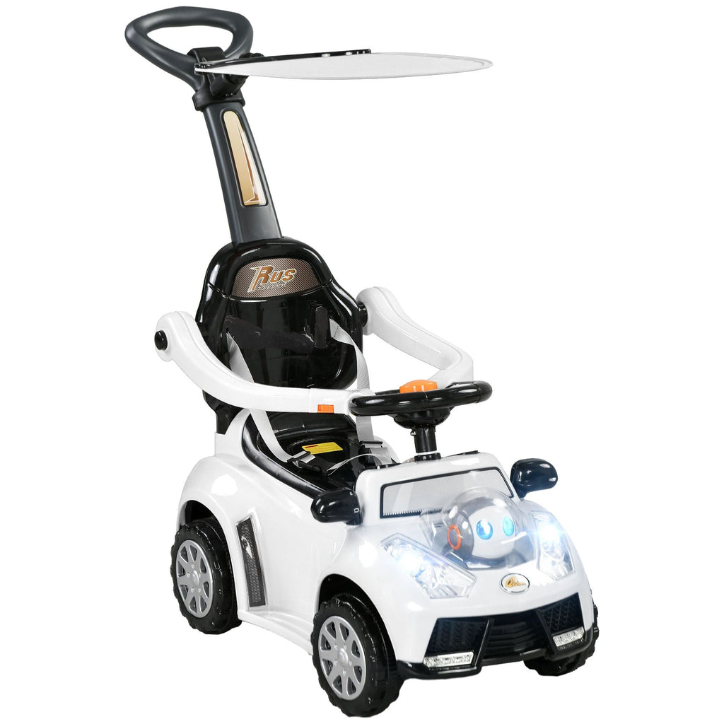 3-in-1 Baby Push Car — Robot Theme, Canopy, Music, Horn & Safety Guardrail, White
