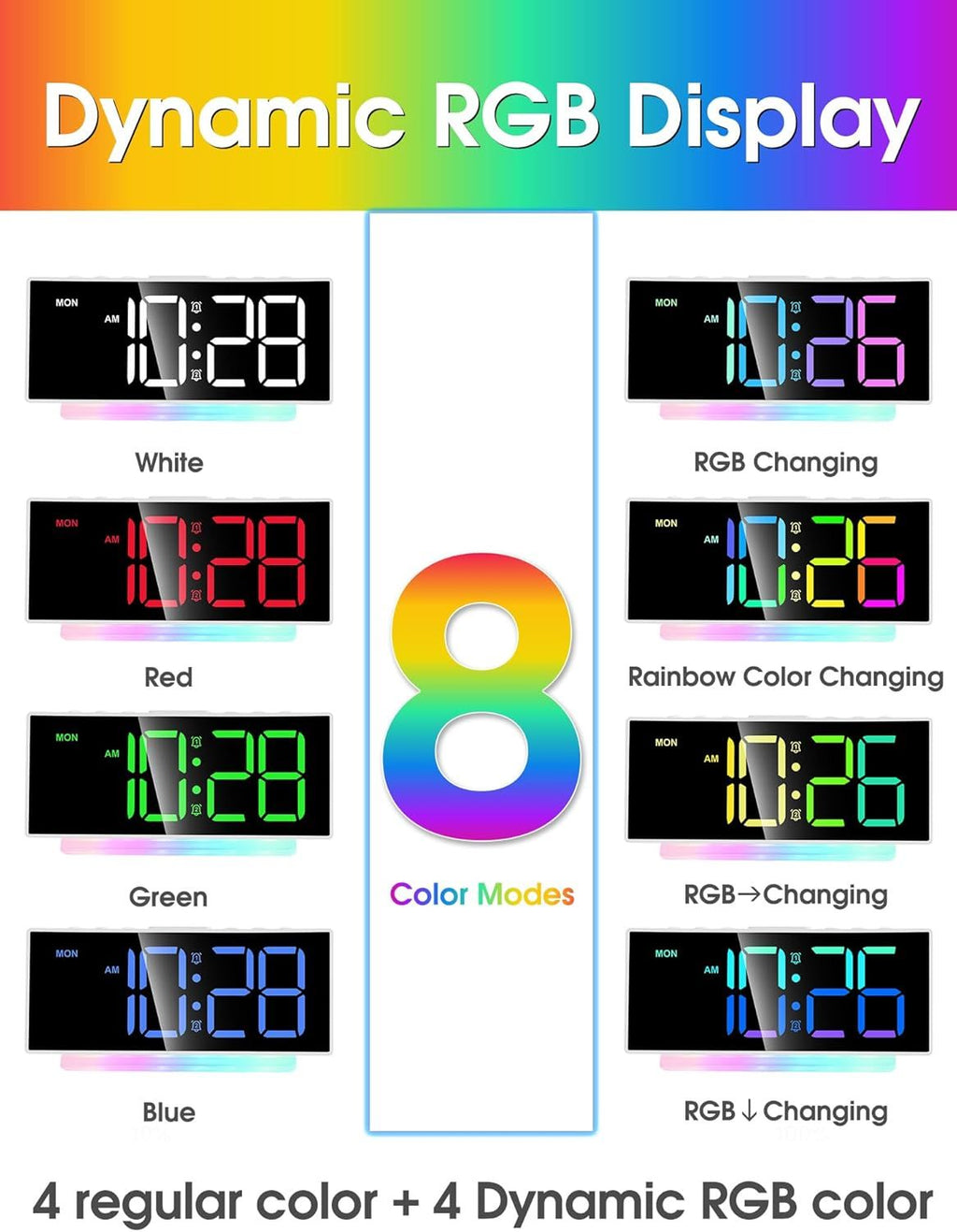 Réveil extra fort pour gros dormeurs adultes, adolescents, enfants, horloge arc-en-ciel pour chambres à coucher, petite horloge numérique de chevet avec grand écran, veilleuse 7 couleurs, 12/24h (noir+dynamique)