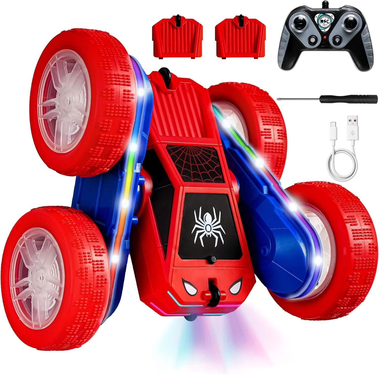 Spider 4WD RC Stunt Car – 360° Flip Remote Control Car with LED Lights (Red)