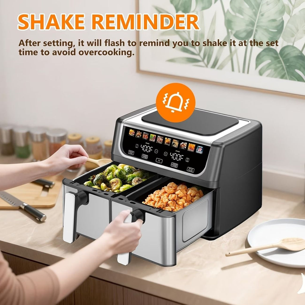9.5 Quart Dual Basket Air Fryer – Independent Temp Control, Sync Mode, 10 Presets, Shake Reminder