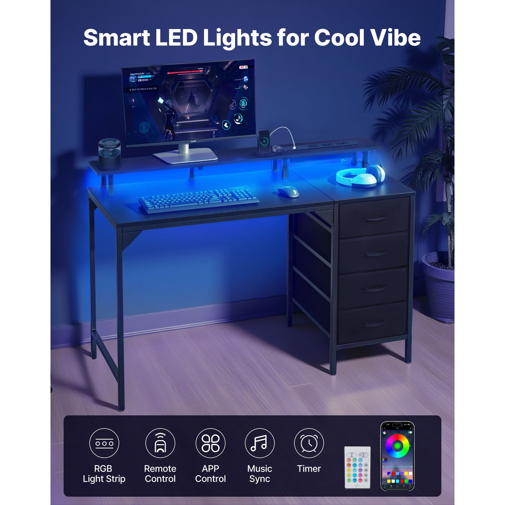 47" LED Gaming Desk with Power Outlets, Monitor Stand & 4 Drawers – Home Office & Gaming, Black