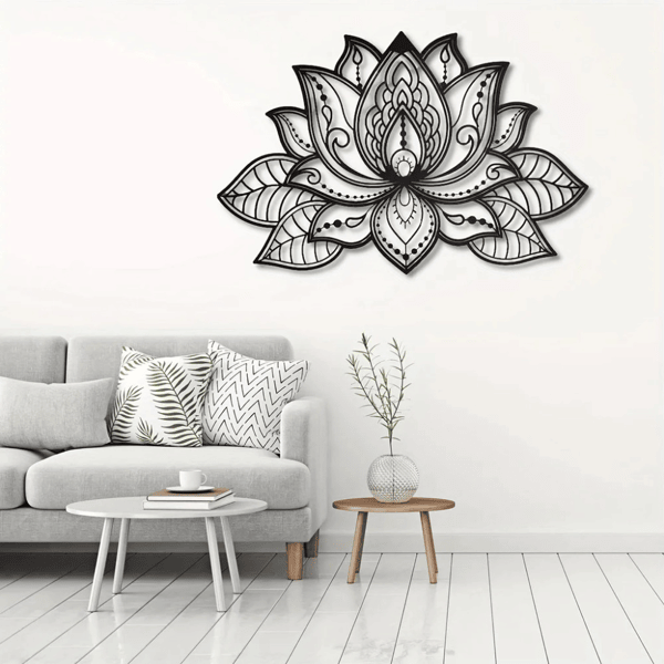 Black Metal Lotus Flower Wall Art – Boho Mandala Decor for Home & Meditation Spaces