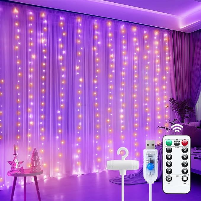 300‑LED Curtain Fairy Lights – Dimmable String Lights with Remote, Timer & 8 Modes (USB Powered, Purple & Orange)