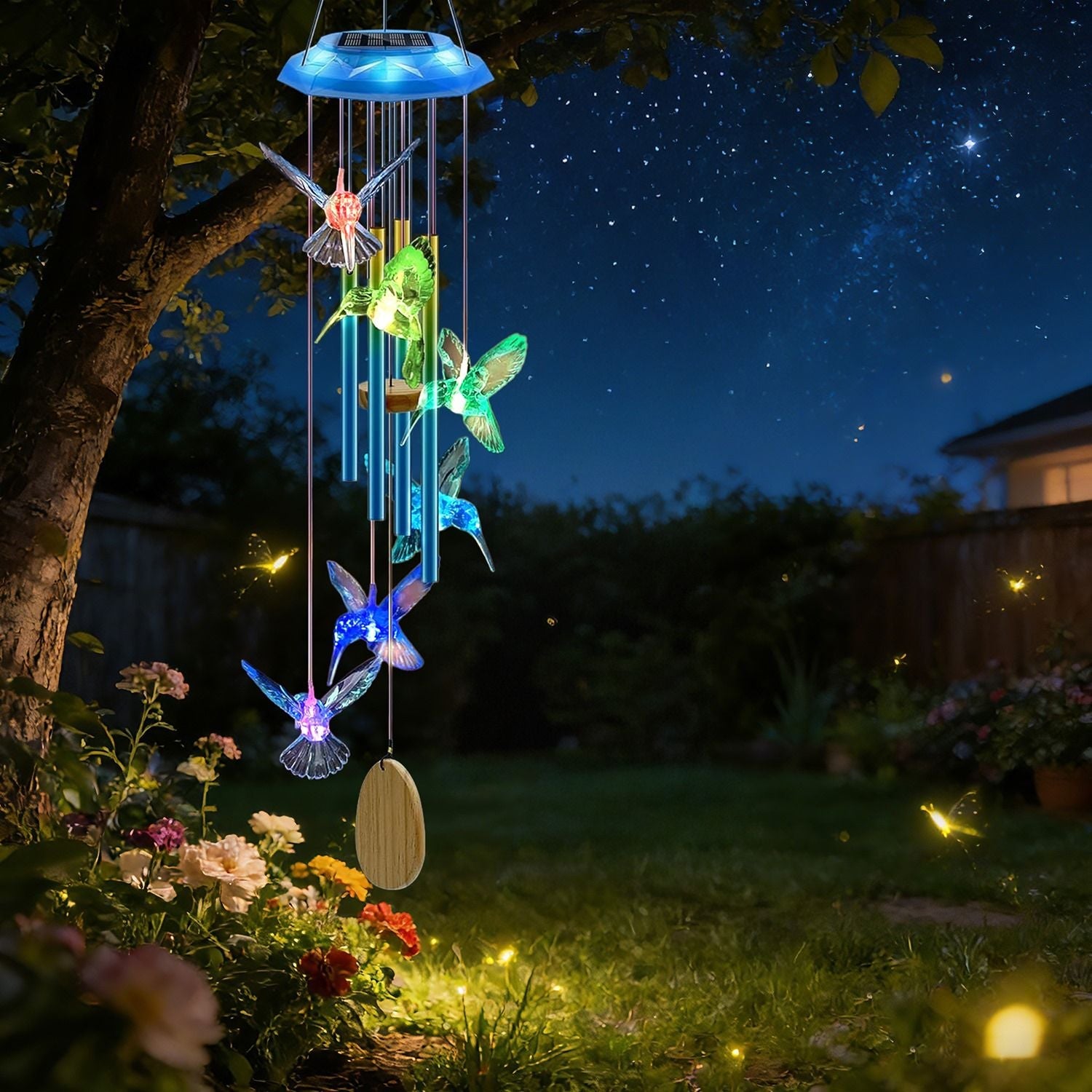 Solar Butterfly & Hummingbird Wind Chime – Aluminum Tubes, 7 Color LED, IP44 Waterproof