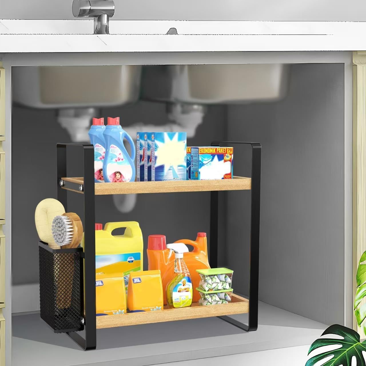 Tier Bathroom Countertop Organizer with Side Basket | Wood & Metal Storage Shelf