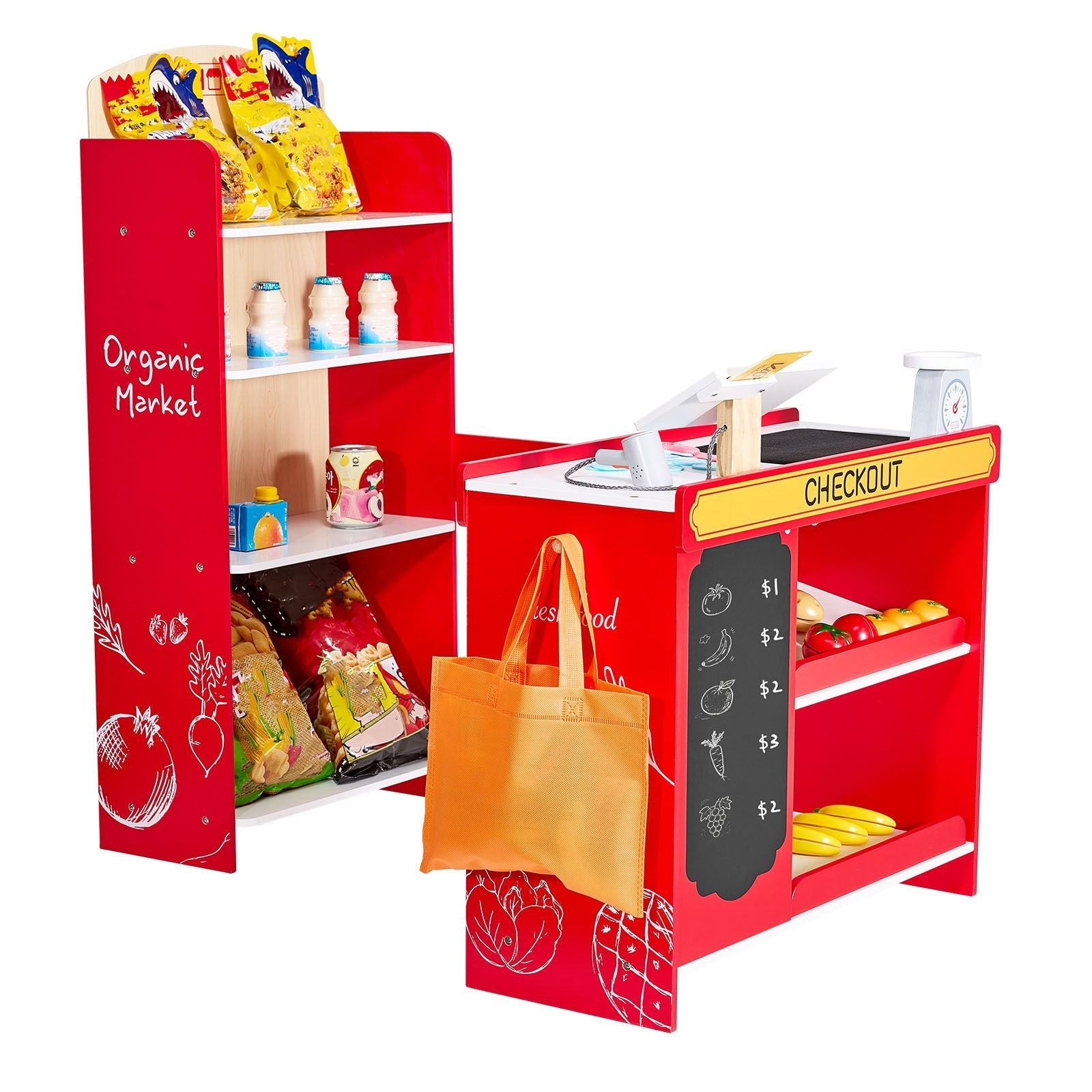 Kids Wooden Grocery Store Playset — Conveyor Belt, Scanner, Cash Register & 35 Accessories