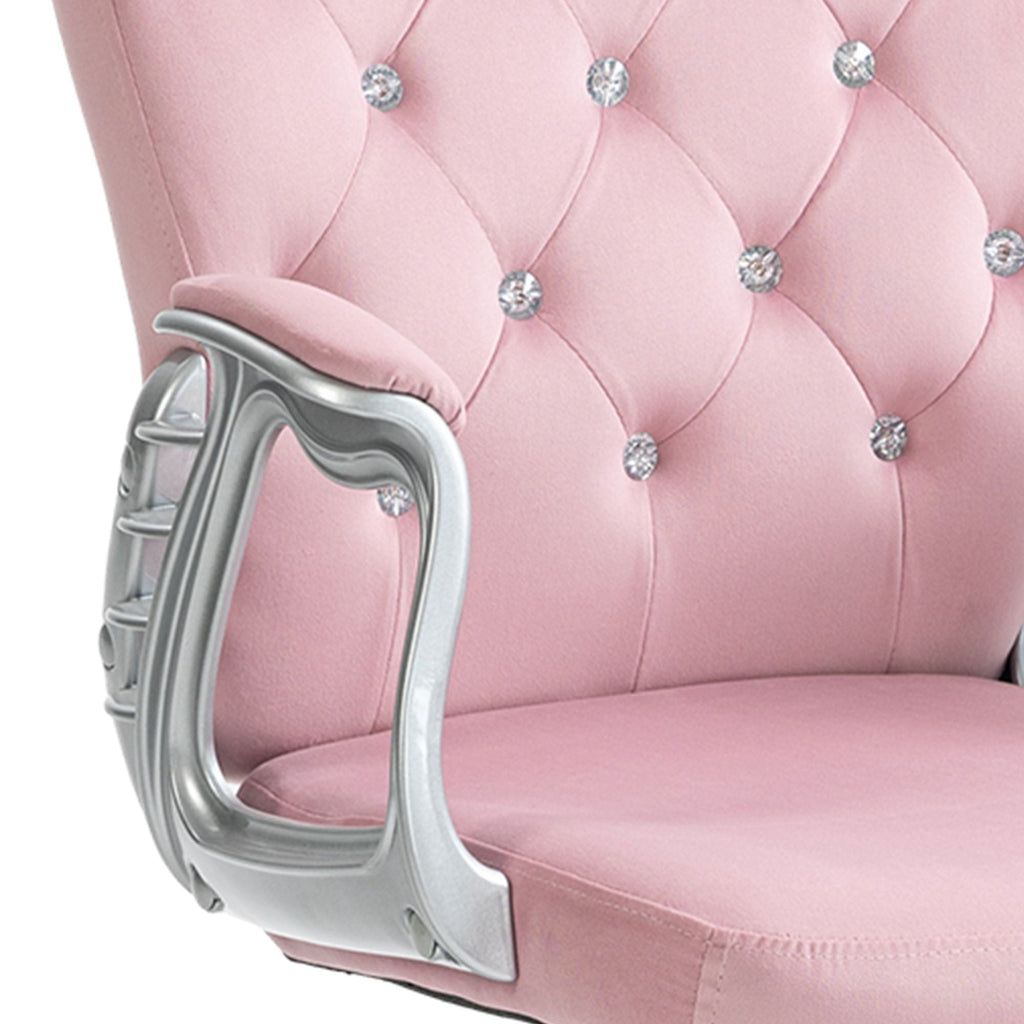 Velvet Office Chair – Pink Tufted Adjustable Swivel Chair with Padded Armrests