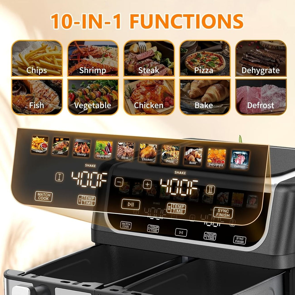 9.5 Quart Dual Basket Air Fryer – Independent Temp Control, Sync Mode, 10 Presets, Shake Reminder