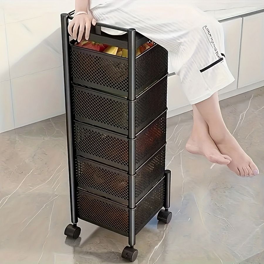 5-Tier Rotating Kitchen Storage Shelf on Wheels – Metal Multi-Purpose Organizer