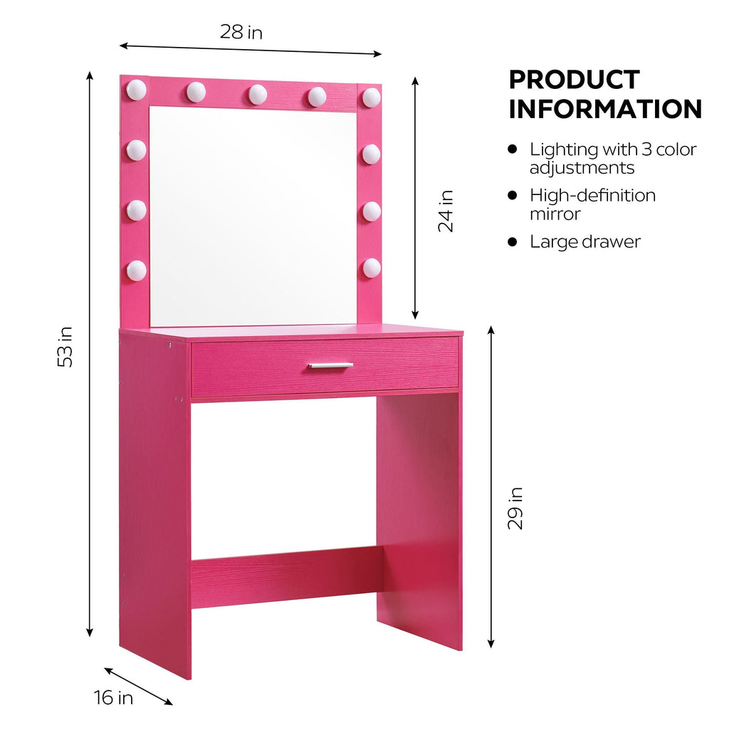 Hot Pink Vanity Desk with Lighted Mirror & Large Drawer
