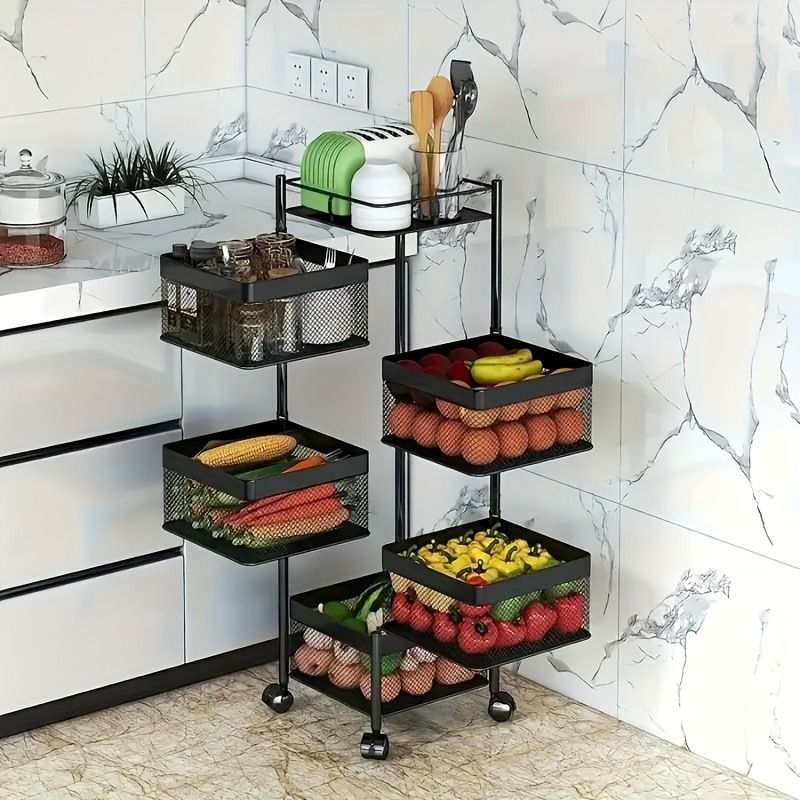 5-Tier Rotating Kitchen Storage Shelf on Wheels – Metal Multi-Purpose Organizer