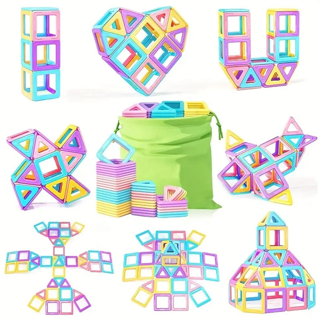 Macaron Color Magnetic Building Blocks – Large Educational Construction Set with Storage Bag for Kids
