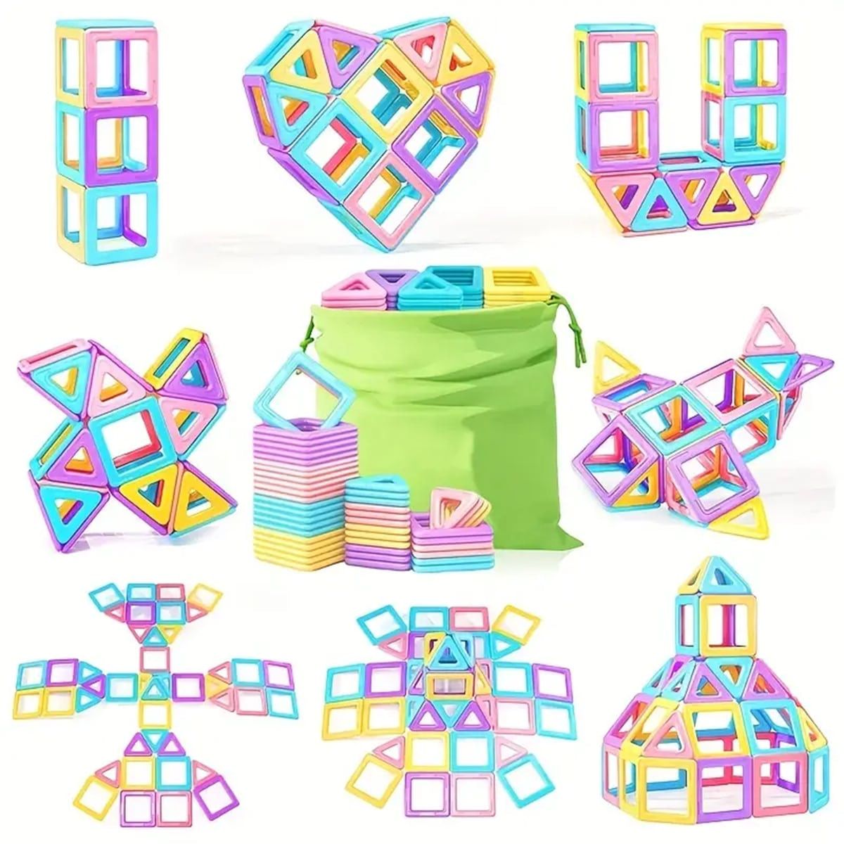 Macaron Color Magnetic Building Blocks – Large Educational Construction Set with Storage Bag for Kids