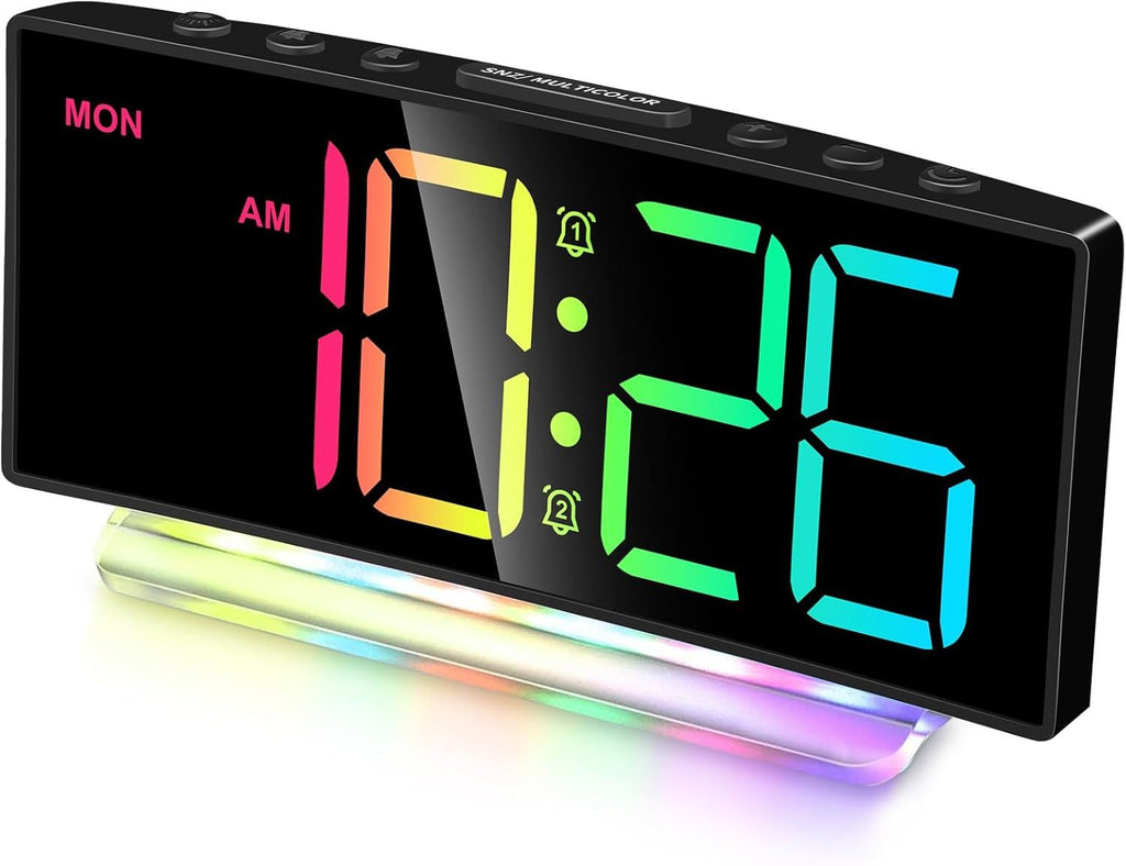 Réveil extra fort pour gros dormeurs adultes, adolescents, enfants, horloge arc-en-ciel pour chambres à coucher, petite horloge numérique de chevet avec grand écran, veilleuse 7 couleurs, 12/24h (noir+dynamique)
