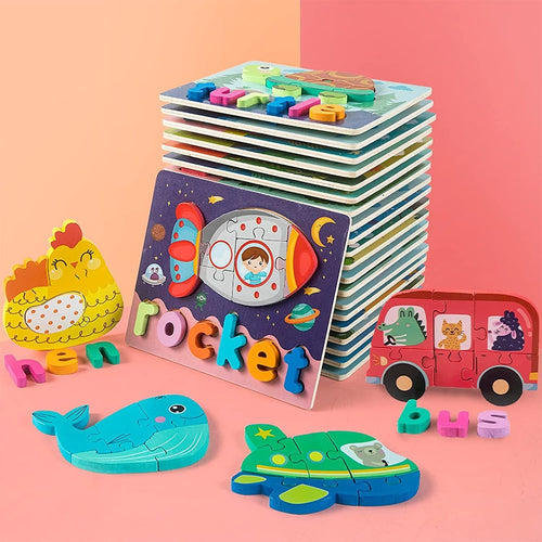 10‑Pack Wooden Toddler Puzzles – Montessori Animal Spelling & Early Learning Set for Ages 2–4