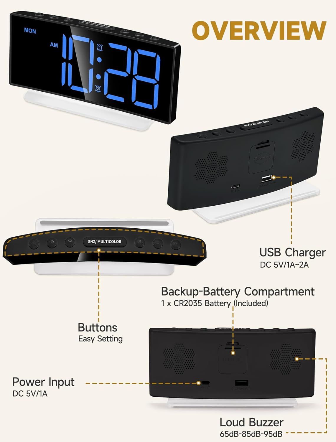 Réveil extra fort pour gros dormeurs adultes, adolescents, enfants, horloge arc-en-ciel pour chambres à coucher, petite horloge numérique de chevet avec grand écran, veilleuse 7 couleurs, 12/24h (noir+dynamique)