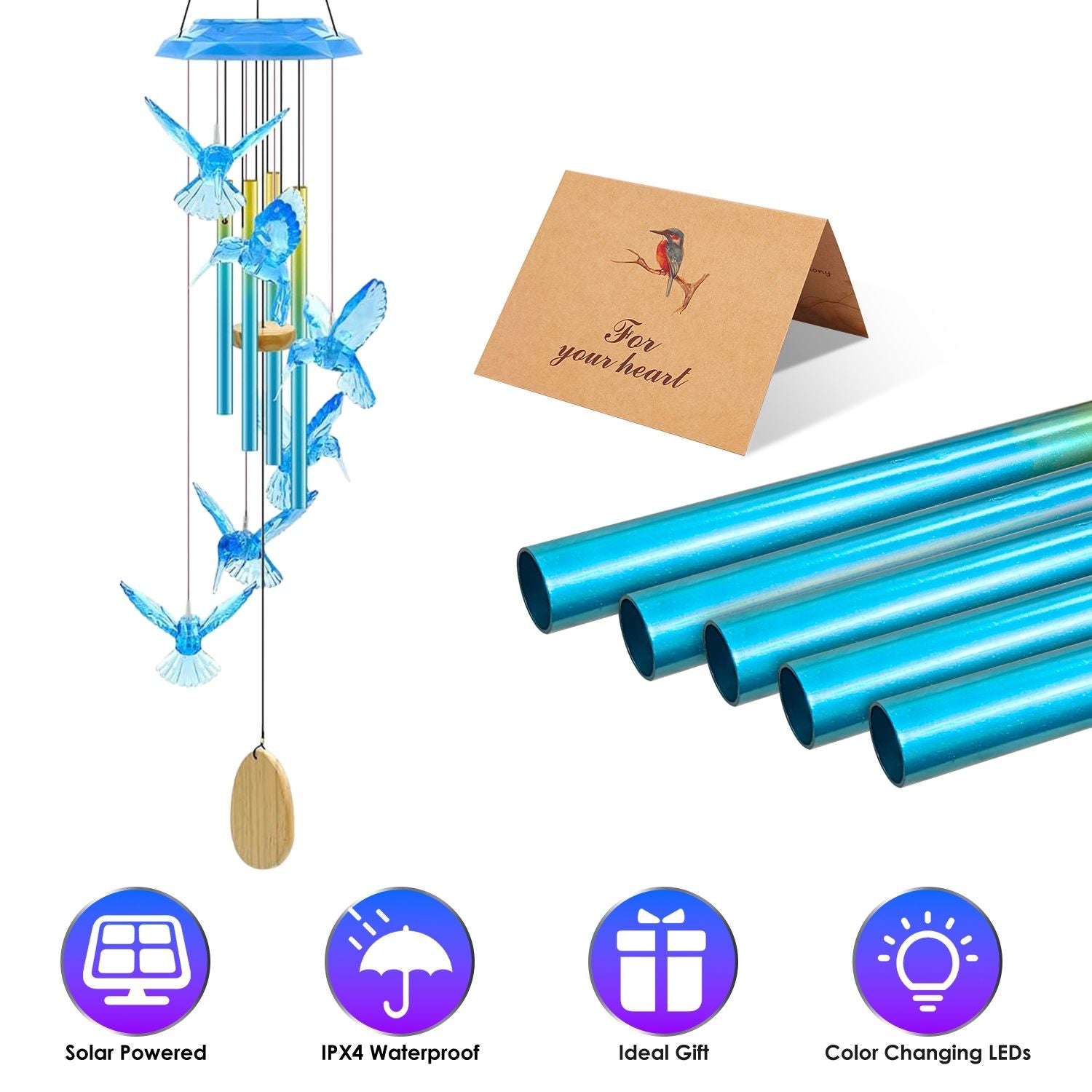 Solar Butterfly & Hummingbird Wind Chime – Aluminum Tubes, 7 Color LED, IP44 Waterproof