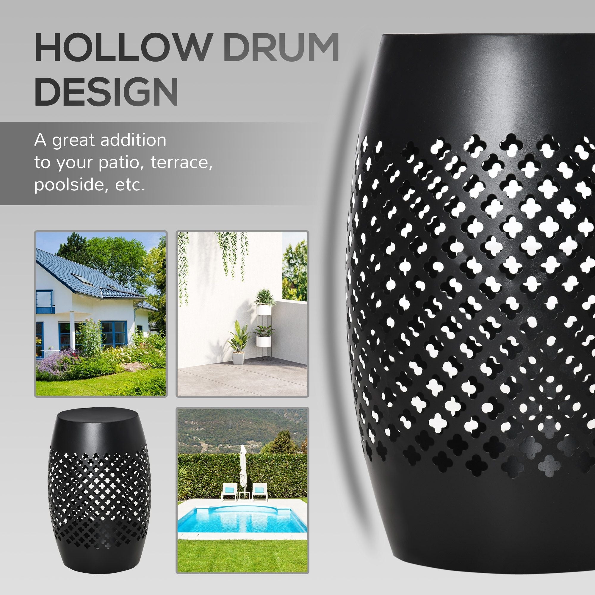 12.5" Steel Outdoor Side Table | Round Hollow Drum Patio Accent Table, Black