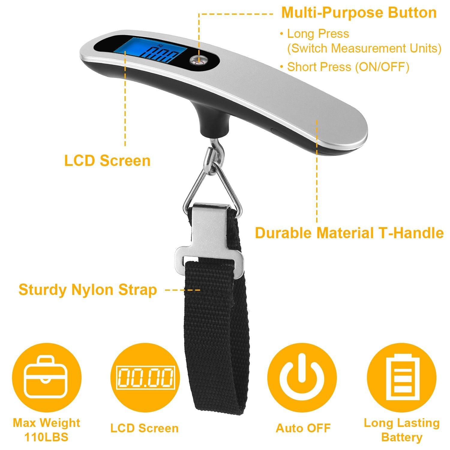 Portable Digital Luggage Scale – 110lb/50kg with LCD Backlight & Auto-Off | Travel Scale