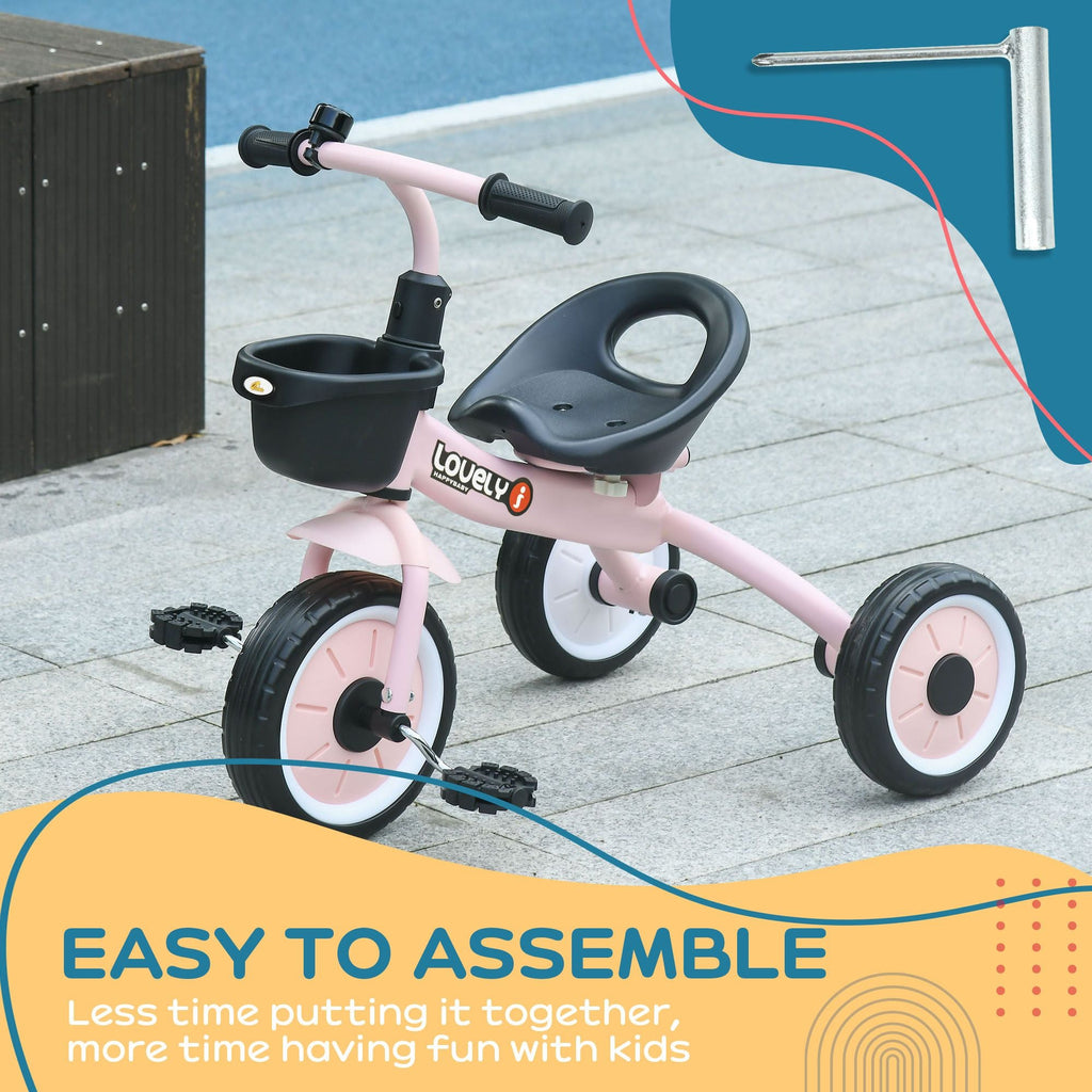 Pink Kids Tricycle for Toddlers Age 2-5 — Adjustable Seat, Bell & Basket