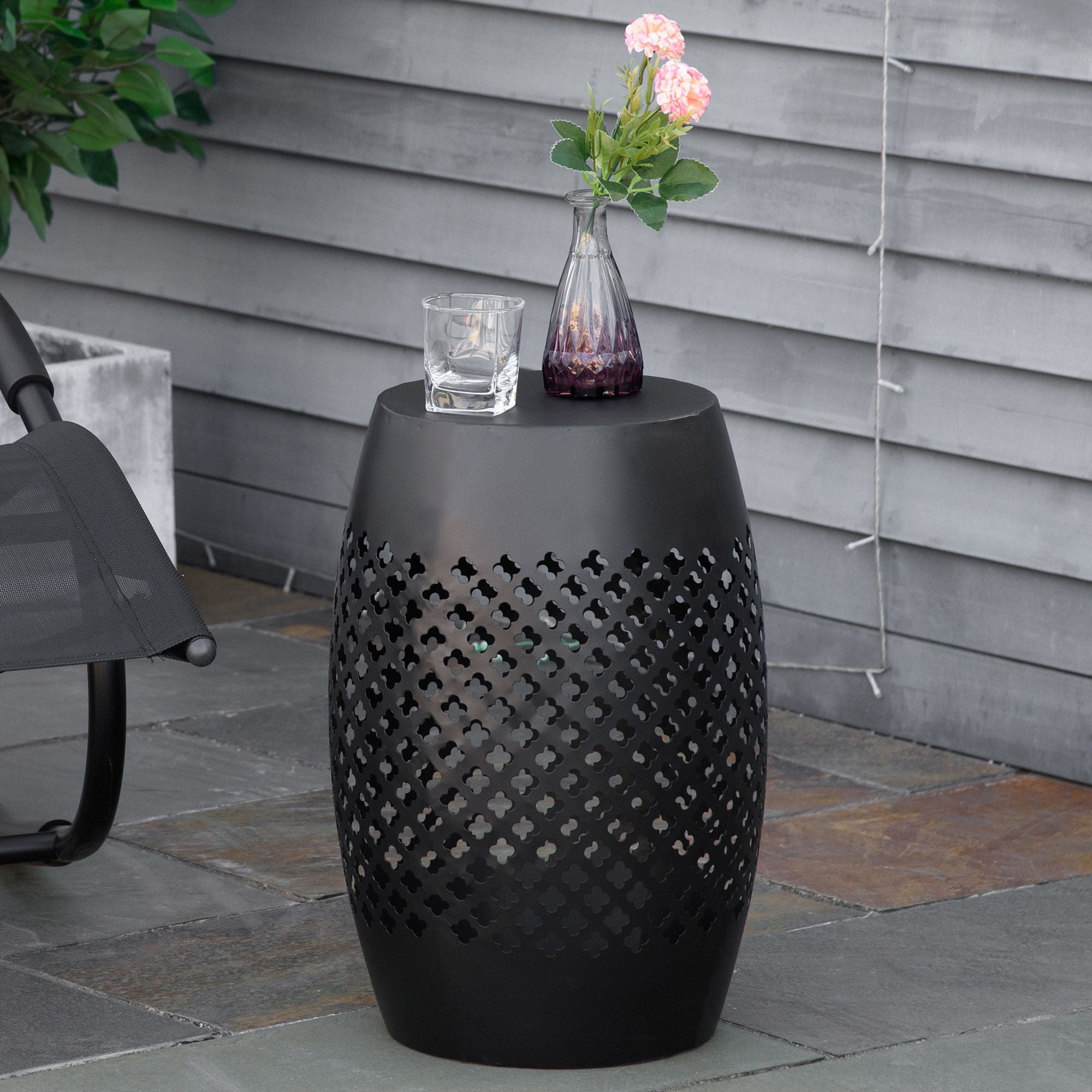 12.5" Steel Outdoor Side Table | Round Hollow Drum Patio Accent Table, Black