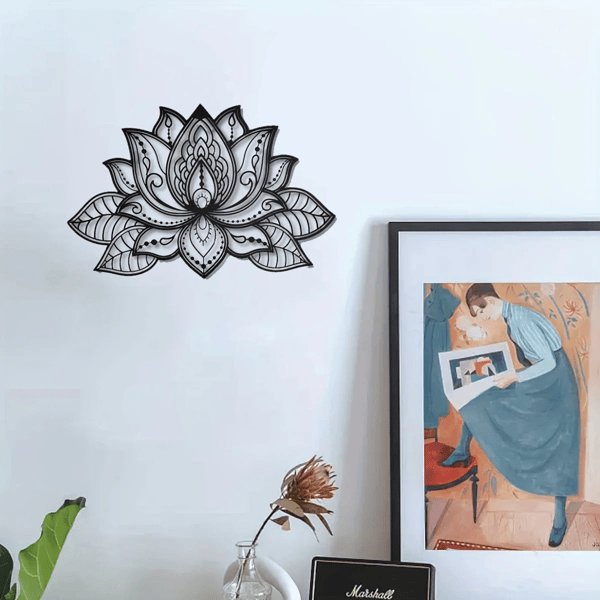 Black Metal Lotus Flower Wall Art – Boho Mandala Decor for Home & Meditation Spaces