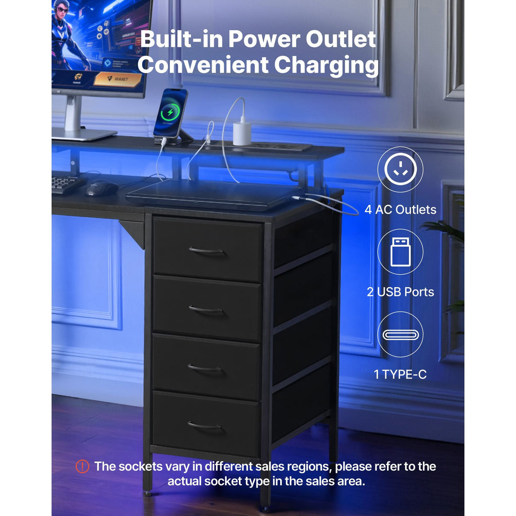 47" LED Gaming Desk with Power Outlets, Monitor Stand & 4 Drawers – Home Office & Gaming, Black