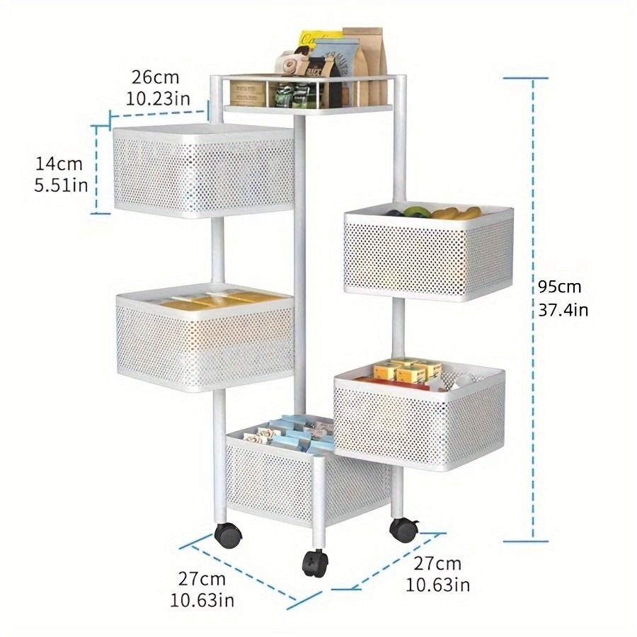 5-Tier Rotating Kitchen Storage Shelf on Wheels – Metal Multi-Purpose Organizer