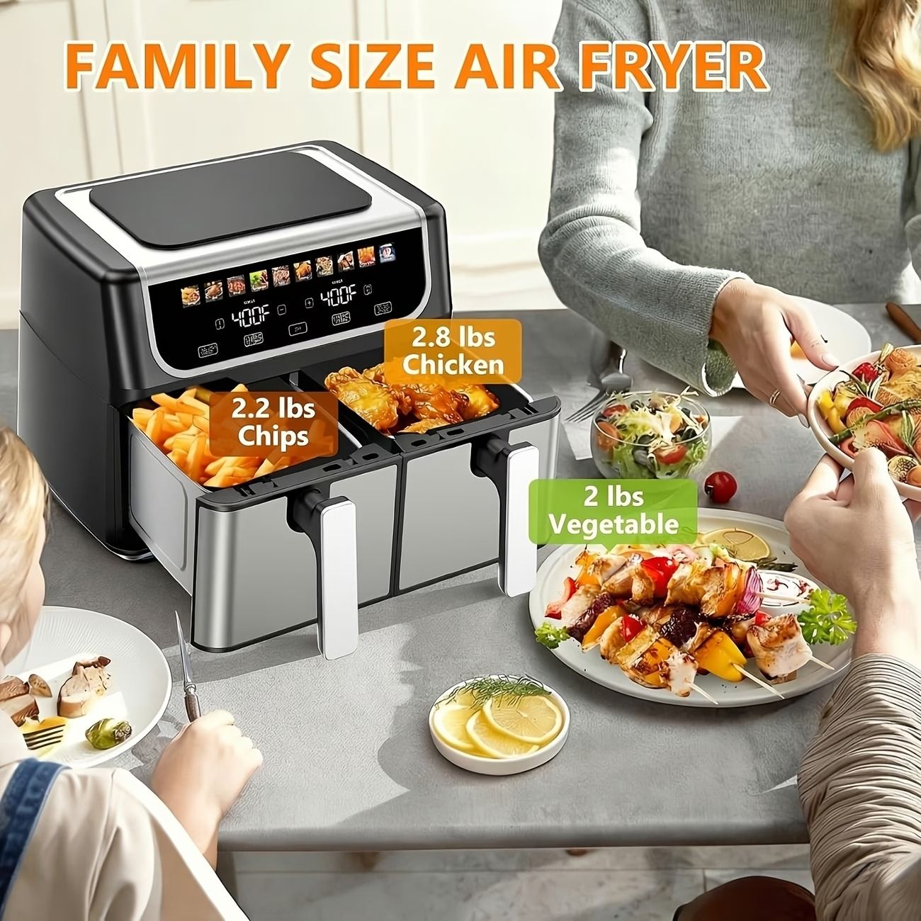 9.5 Quart Dual Basket Air Fryer – Independent Temp Control, Sync Mode, 10 Presets, Shake Reminder