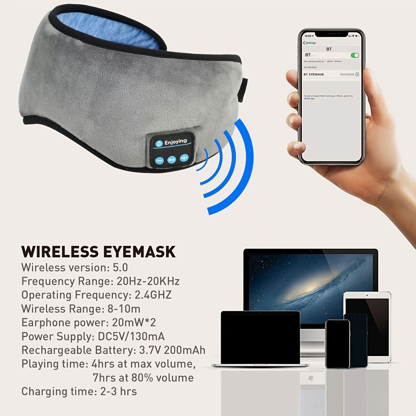 Wireless Sleep Mask Headphones — Bluetooth Music Eye Mask for Side Sleepers, Ultra0Soft Thin Speakers for Men & Women