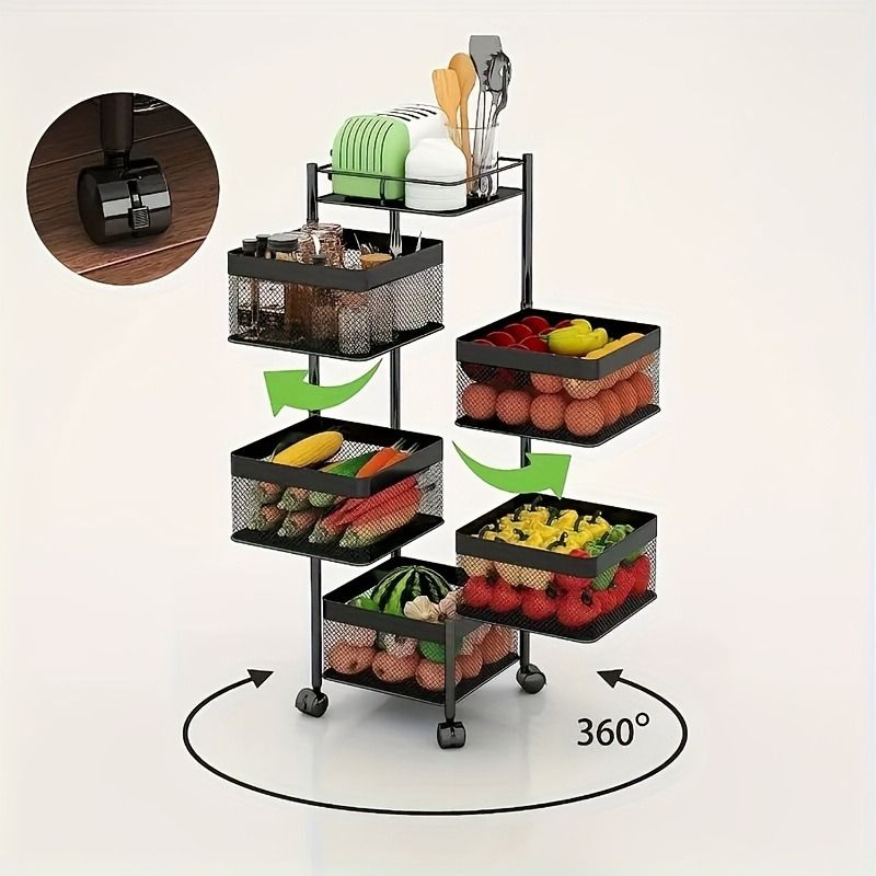 5-Tier Rotating Kitchen Storage Shelf on Wheels – Metal Multi-Purpose Organizer