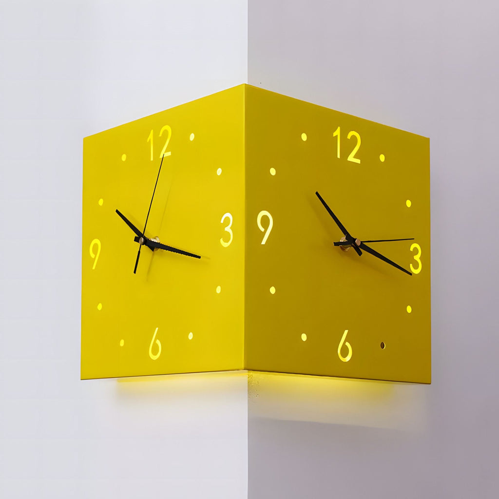 Nordic Modern Corner Wall Clock – Minimalist Cube Clock with Sensor Night Light