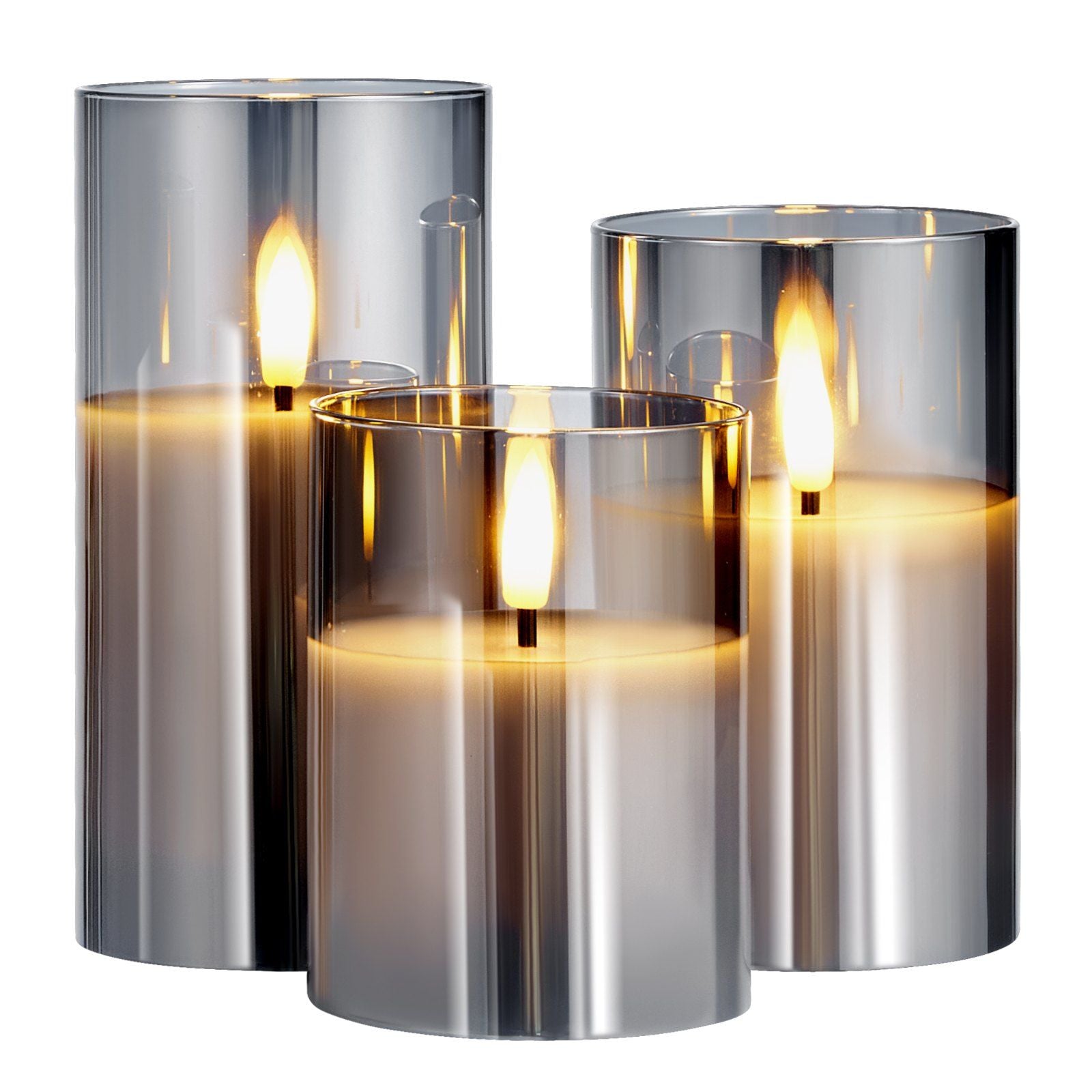 Gray Flickering Flameless Candle Set – 3‑Piece LED Candles with Remote & Timer (Real Wax, Warm Glow)