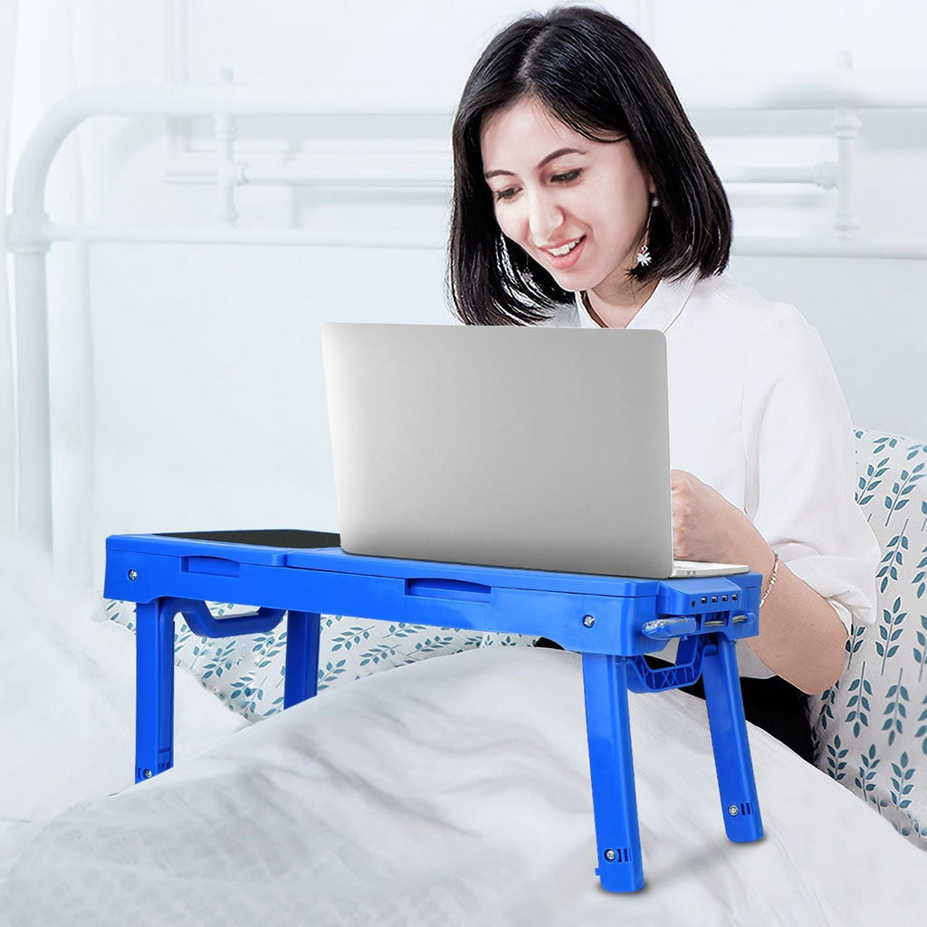 Foldable Laptop Table with Cooling Fan – Adjustable Bed Desk with LED Light, Mouse Pad & 4 USB Ports