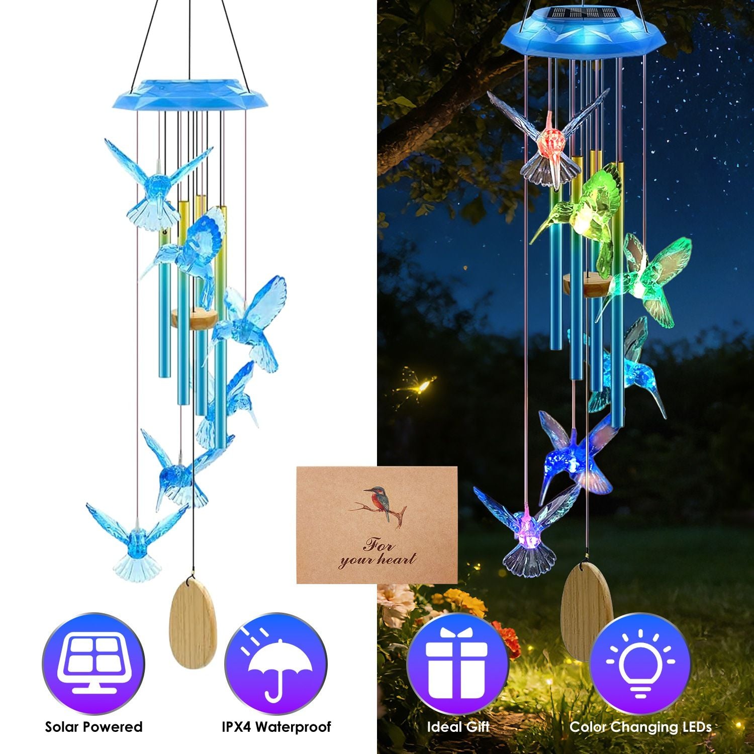 Solar Butterfly & Hummingbird Wind Chime – Aluminum Tubes, 7 Color LED, IP44 Waterproof