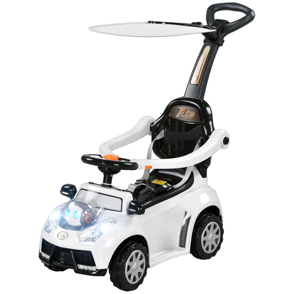 3-in-1 Baby Push Car — Robot Theme, Canopy, Music, Horn & Safety Guardrail, White