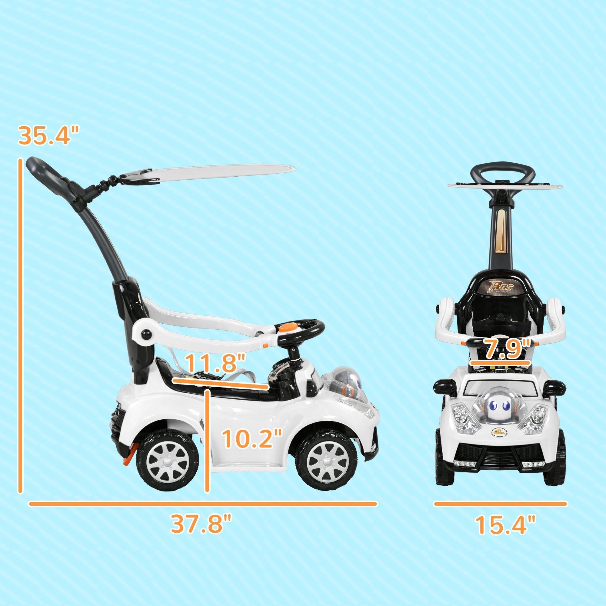 3-in-1 Baby Push Car — Robot Theme, Canopy, Music, Horn & Safety Guardrail, White