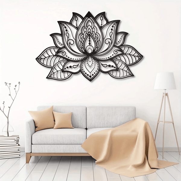 Black Metal Lotus Flower Wall Art – Boho Mandala Decor for Home & Meditation Spaces