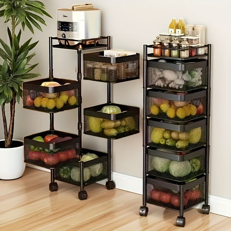 5-Tier Rotating Kitchen Storage Shelf on Wheels – Metal Multi-Purpose Organizer