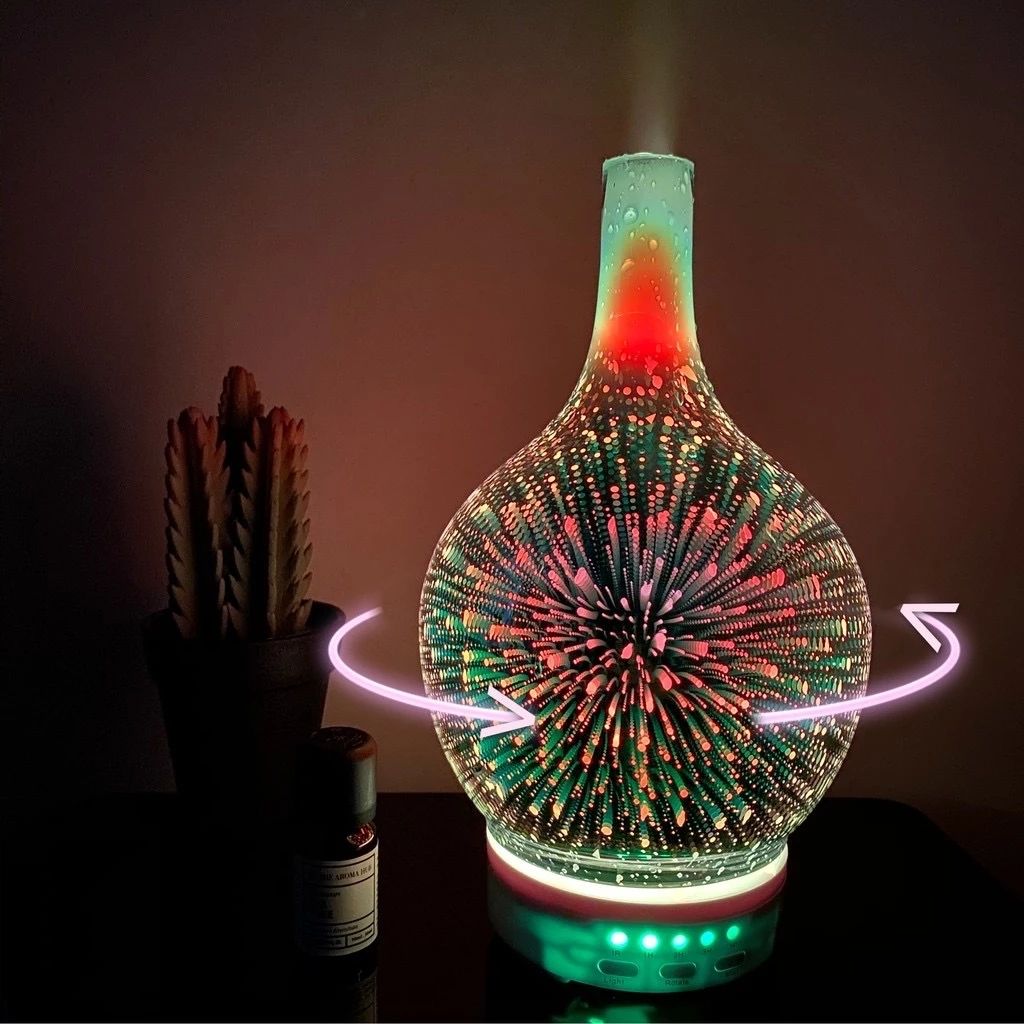 Diffuseur d'huiles essentielles en verre 3D effet feux d'artifice – Veilleuse LED 7 couleurs et humidificateur à brume froide (100 ml)
