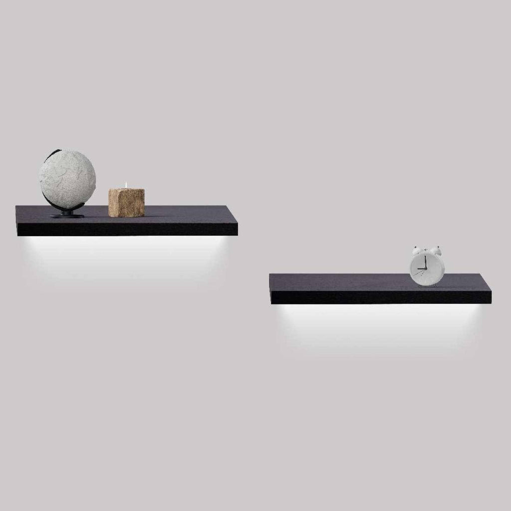 18.11" Floating Wall Shelves with LED Lighting – Black Wood Shelves with Invisible Brackets for Bathroom, Bedroom, Kitchen & Living Room